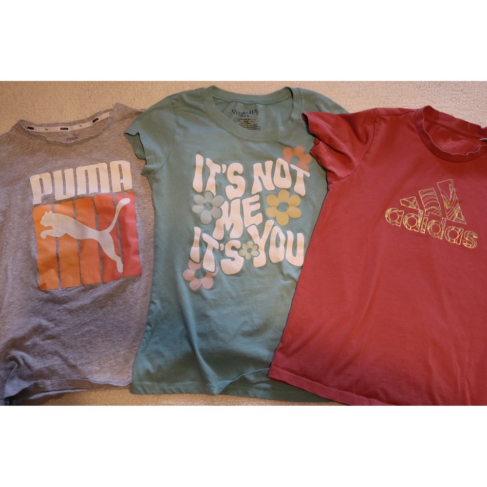 Girls Graphic Tee Bundle Puma Adidas Wound Up Size Medium 7-10 3 Pack Shirts